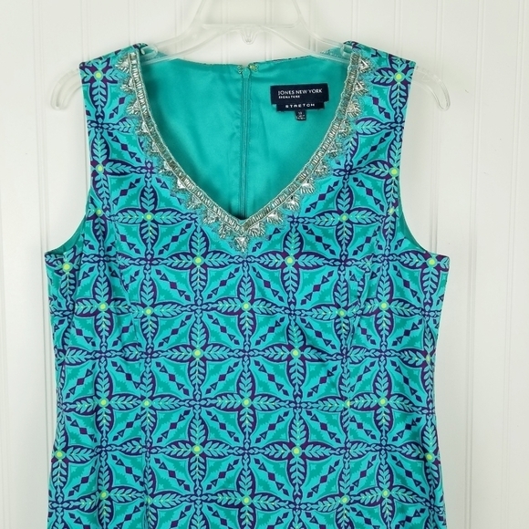 Jones New York Stretch Seleveless V Neck Beaded Midi Dress Size 10 Vibrant Print - Picture 2 of 10